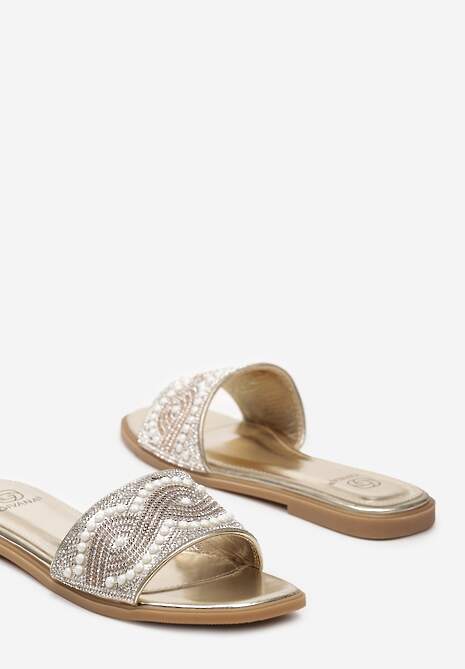 Złote Płaskie Klapki w Stylu Boho z Cyrkoniami i Drobnymi Koralikami Hotari