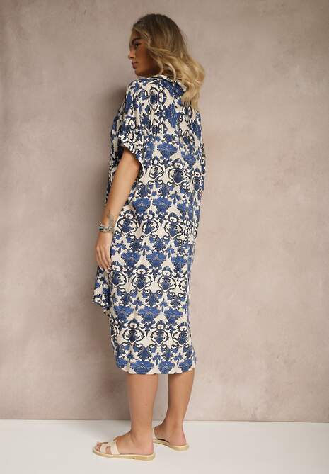 Granatowa Wiskozowa Sukienka o Koszulowym Kroju w Ornamentalny Wzór Inisaria