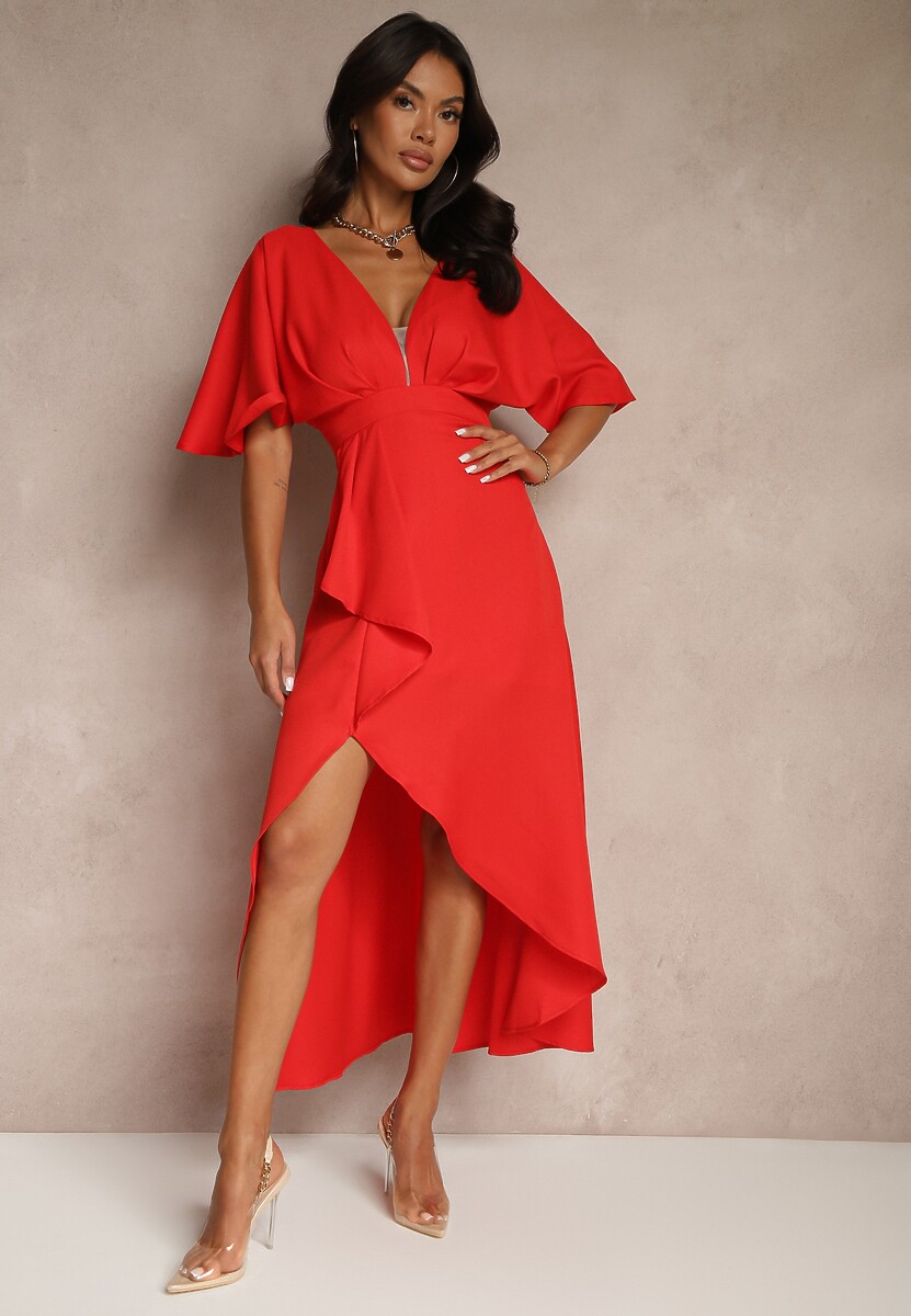 Czerwona Asymetryczna Sukienka Koktajlowa Vices Ozdobiona Falbanką Nelioraia