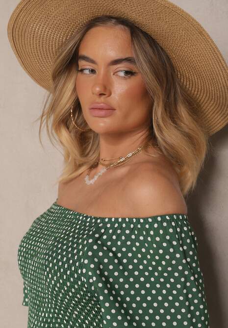 Zielona Bawełniana Sukienka o Rozkloszowanym Kroju Zdobiona Printem w Groszki Lisanovia