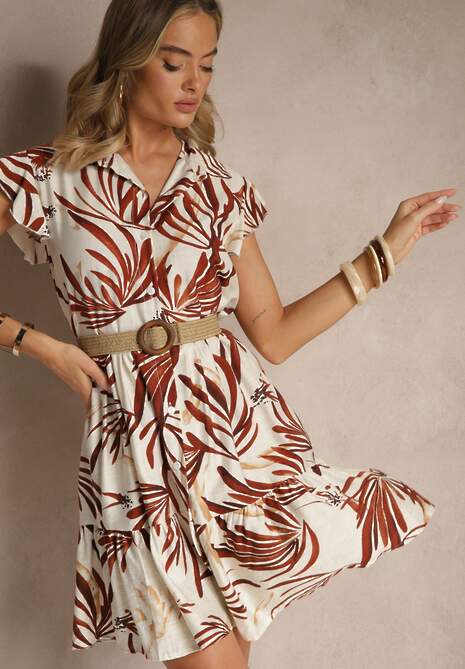 Brązowa Sukienka z Bawełną Lnem i Wiskozą w Liście Lilestia