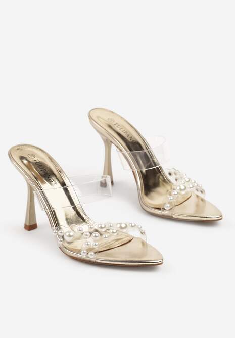 Złote Przezroczyste Klapki Szpilki Ozdobione Perełkami Frolreti