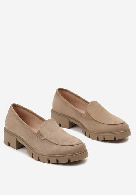 Ciemnobeżowe Mokasyny ze Skórzaną Wkładką i Grubą Ozdobną Podeszwą Viole