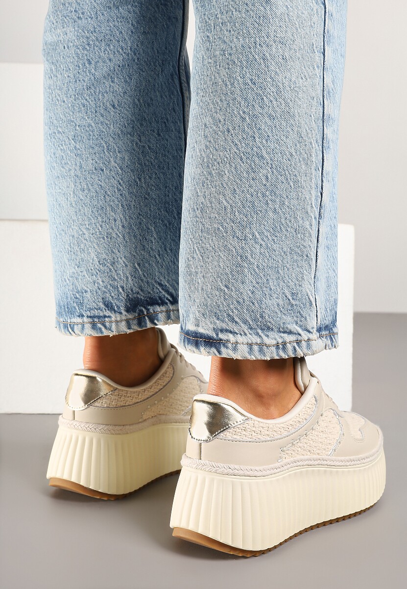 Beżowe Sneakersy ze Skóry Naturalnej na Tłoczonej Platformie Mirivin