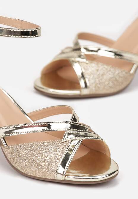 Złote Sandały Brokatowe na Słupku Layo