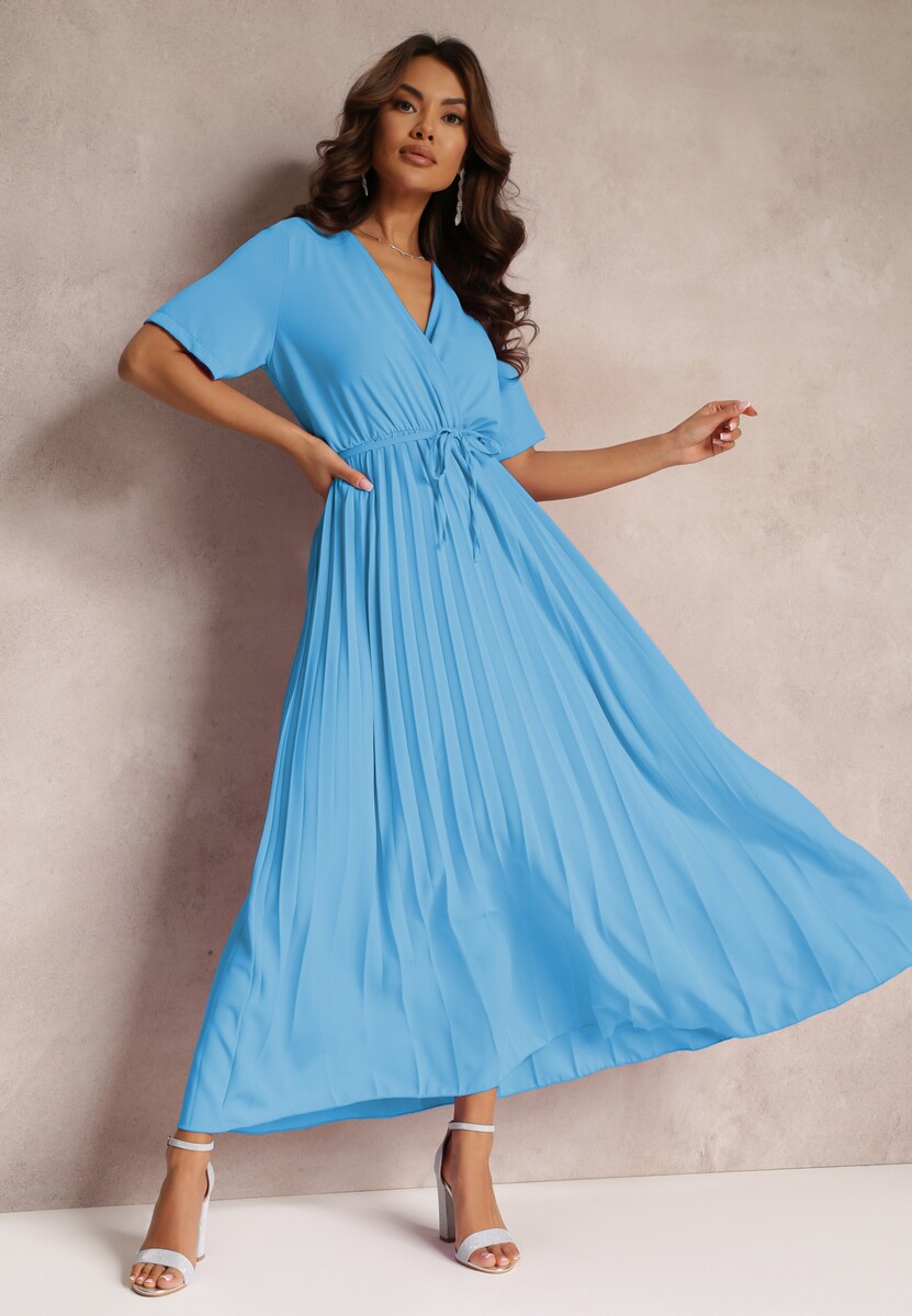 Beżowa Rozkloszowana Sukienka Plisowana z Wiązanym Paskiem Eilemona