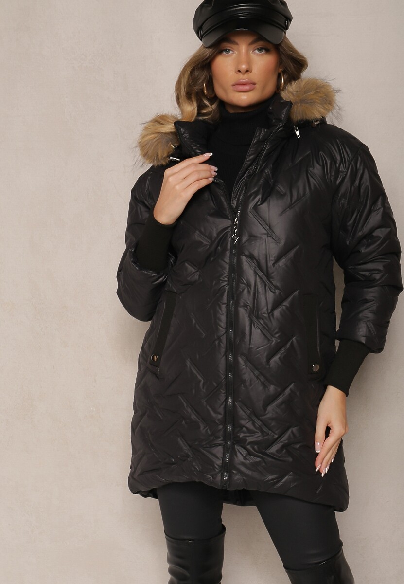 Zielona Kurtka z Pikowanym Wzorem Ściągaczami Odpinanym Futerkiem i Kapturem Ellithri