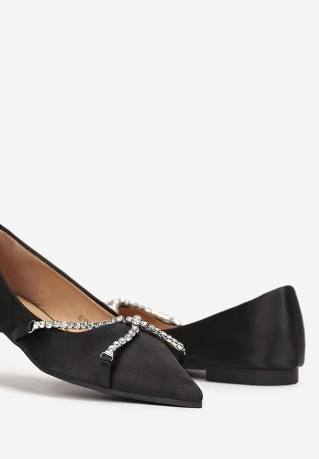 Czarne Balerinki ze Szpiczastym Noskiem  i Ozdobnym Paskiem z Cyrkoniami Tinara