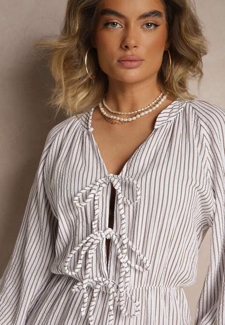 Biały Kombinezon w Cienkie Paski z Wiązaniem z Bawełny Ovivelle