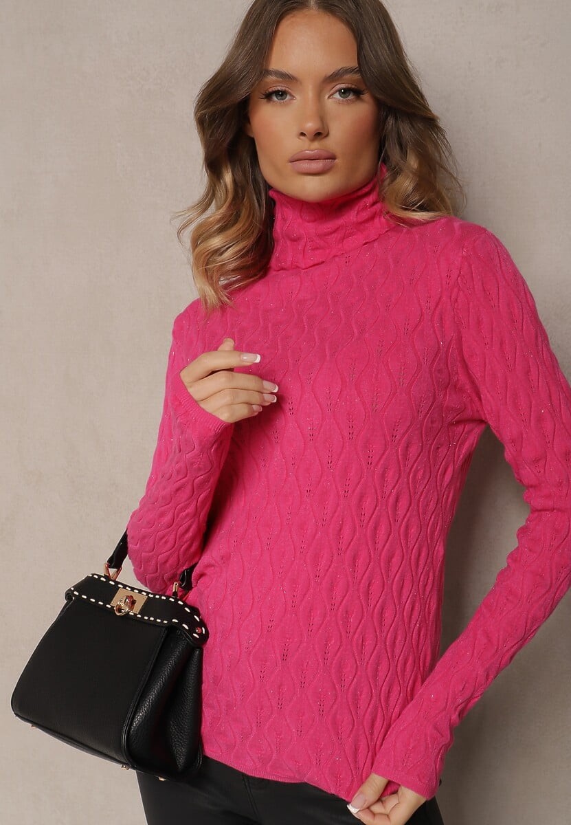 Fuksjowy Golf z Wiskozą w Tłoczony Wzór Przeszyty Metaliczną Nitką Neldora