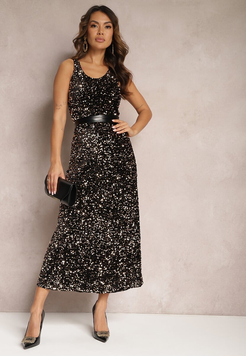 Czarna Sukienka Maxi na Ramiączkach w Cekiny Misona