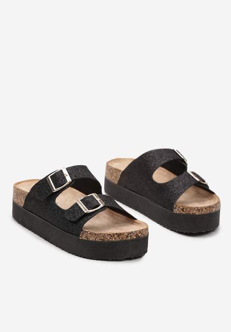 Czarne Klapki na Platformie z Korkową Wstawką i Klamrami Ozdobione Brokatem Sumeria