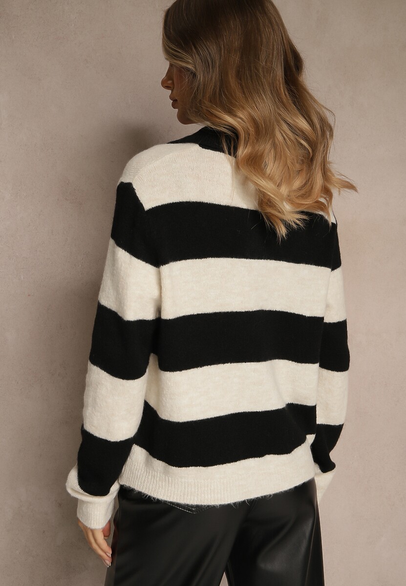 Czarny Pasiasty Sweter z Dodatkiem Wełny z Kołnierzykiem i Guzikami Tiarresa