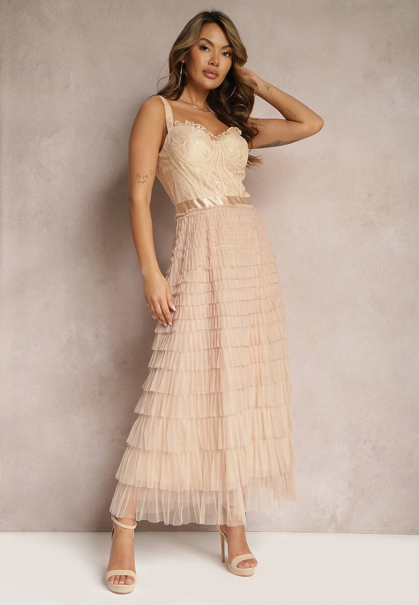 Beżowa Maxi Sukienka Rozkloszowana Sukienka na Ramiączkach z Gorsetową Górą Ocartia