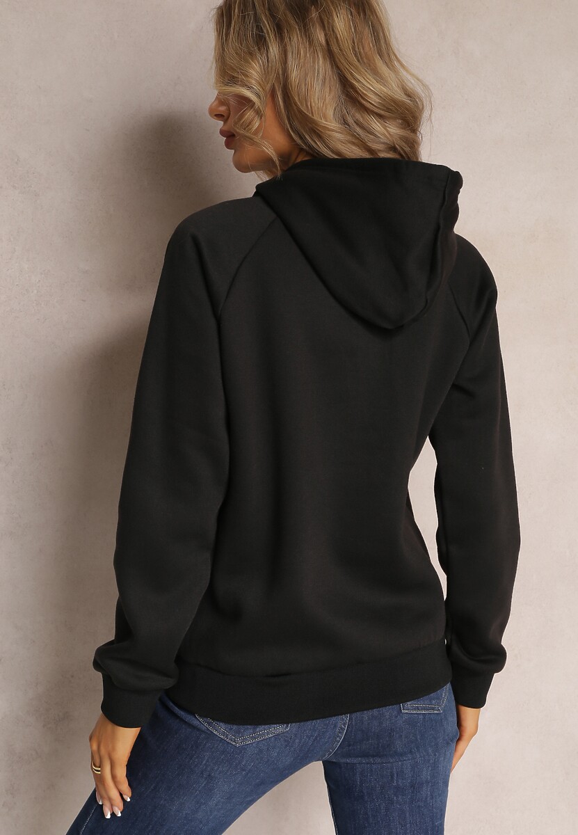 Czarna Klasyczna Bluza z Nadrukiem na Przodzie i Kapturem Inalle