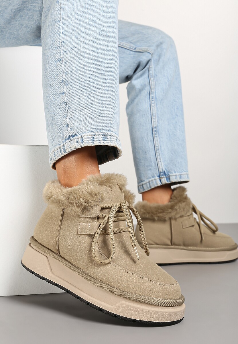 Ciemnobeżowe Mocno Ocieplane Śniegowce ze Sznurowaną Cholewką Obszytą Futrem Sintetta