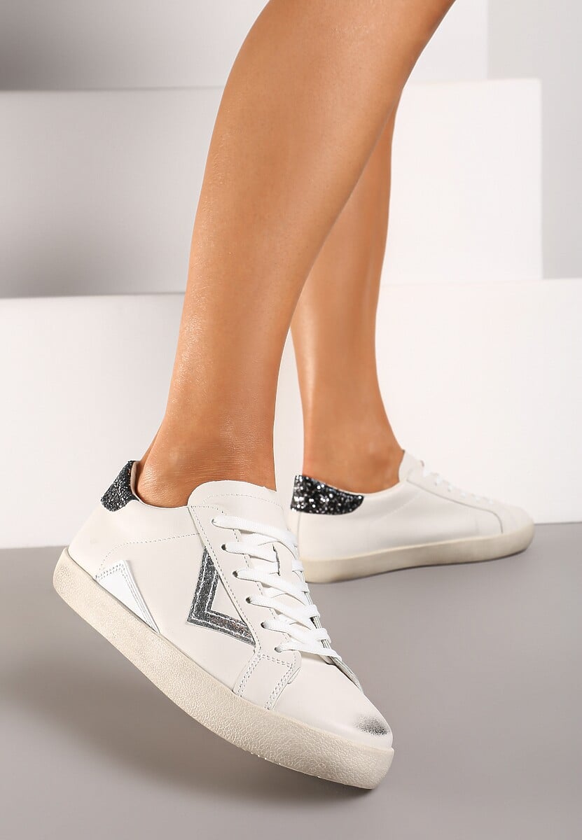 Biało-Złote Sneakersy Sznurowane z Cholewką przed Kostkę z Brokatem Toneri