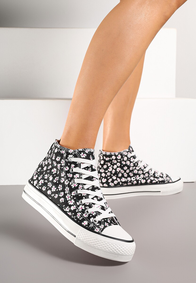 Żółte Trampki z Wysoką Cholewką Zdobione Kwiatowym Printem Folellia