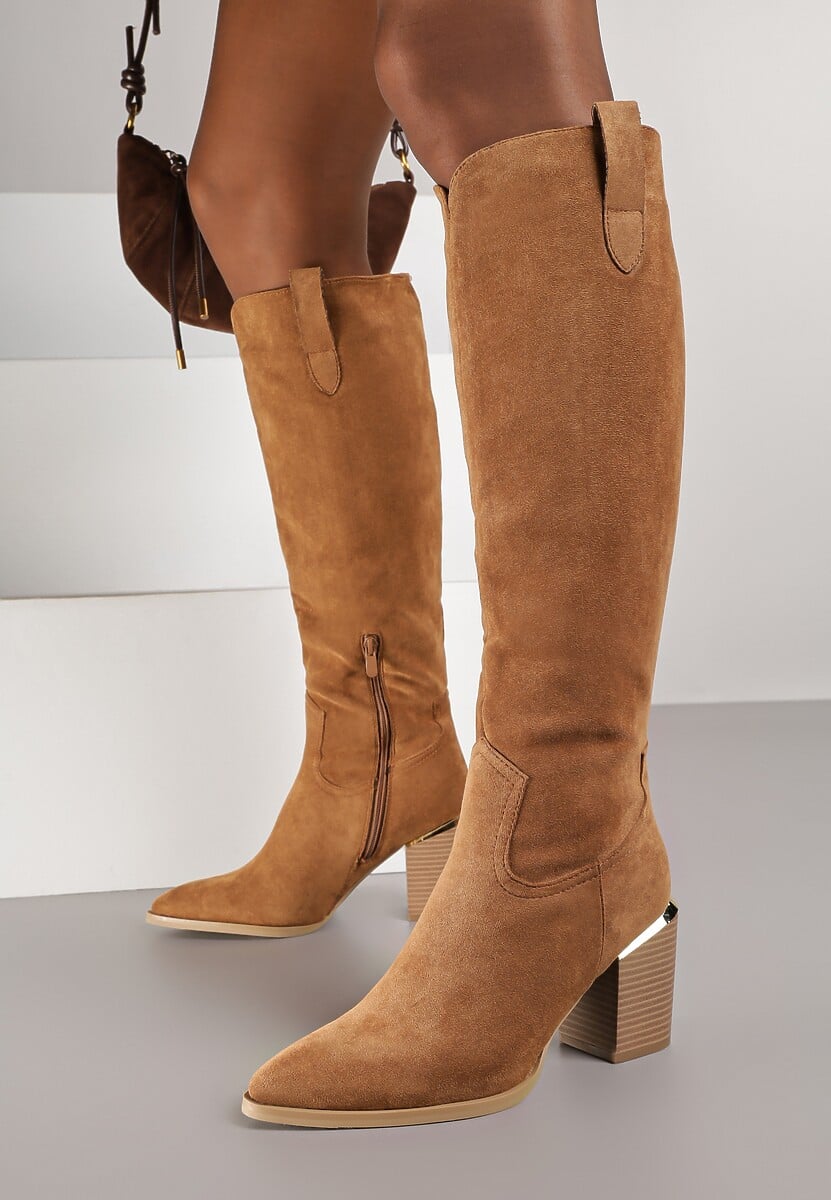 Brązowe Kozaki Vices na Słupku Ozdobione Metaliczną Wstawką Moriane