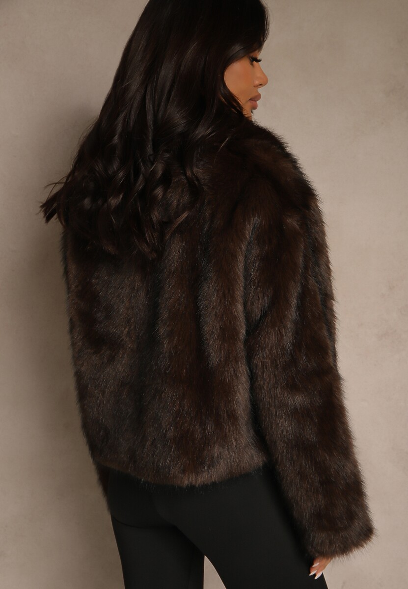 Brązowa Kurtka Futerko o Fasonie Cropped z Kołnierzem Abentia