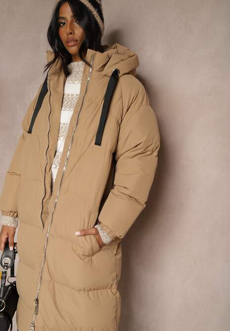 Ciemnobeżowa Długa Kurtka Pikowana Płaszcz z Kapturem Serea
