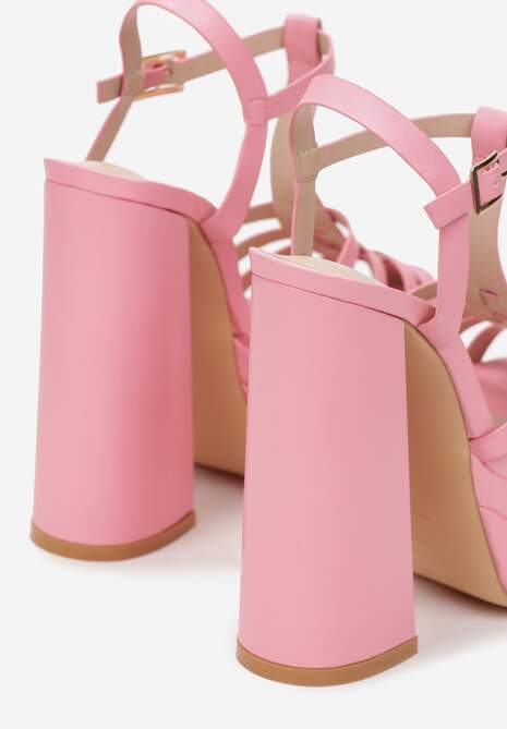 Różowe Sandały na Wysokim Słupku i Platformie z Kwadratowym Noskiem i Sprzączką Lakota