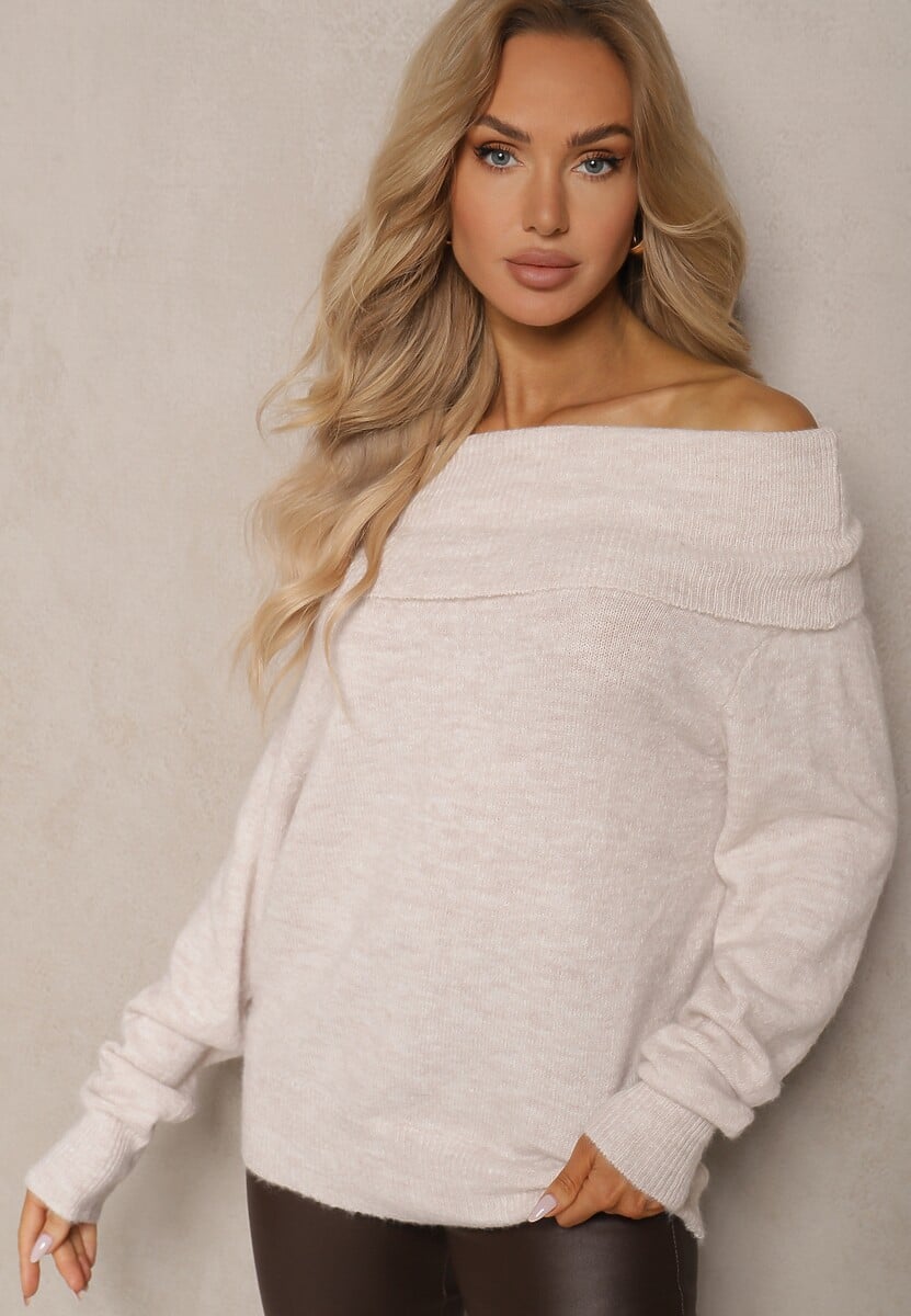 Beżowy Sweter z Wiskozą i Wełną Ozdobiony Wywiniętym Dekoltem Ravarienne