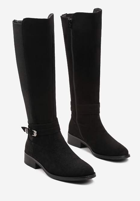 Czarne Kozaki Muszkieterki z Elastyczną Wstawką i Klamerką Wambra