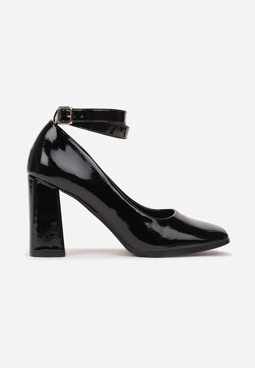Czarne Lakierowane Czółenka na Słupkowym Obcasie z Kwadratowym Noskiem Stethy