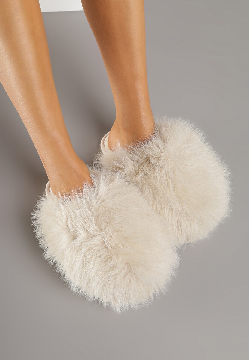 Beżowe Miękkie Kapcie Ozdobione Długim Włosiem Cendria