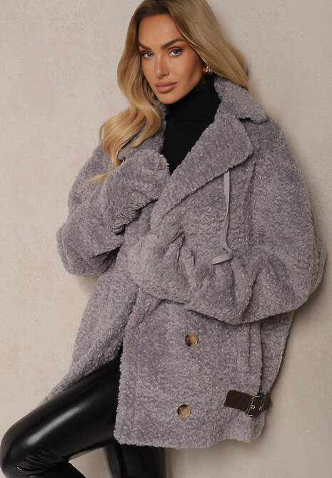 Szara Dwurzędowa Kurtka Futerkowy Płaszcz z Dodatkowymi Rękawiczkami Hetirra