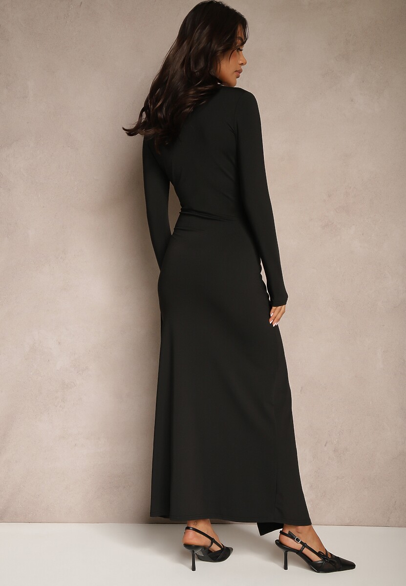 Czarna Taliowana Sukienka z Dodatkiem Wiskozy Ozdobiona Marszczeniami Heriova