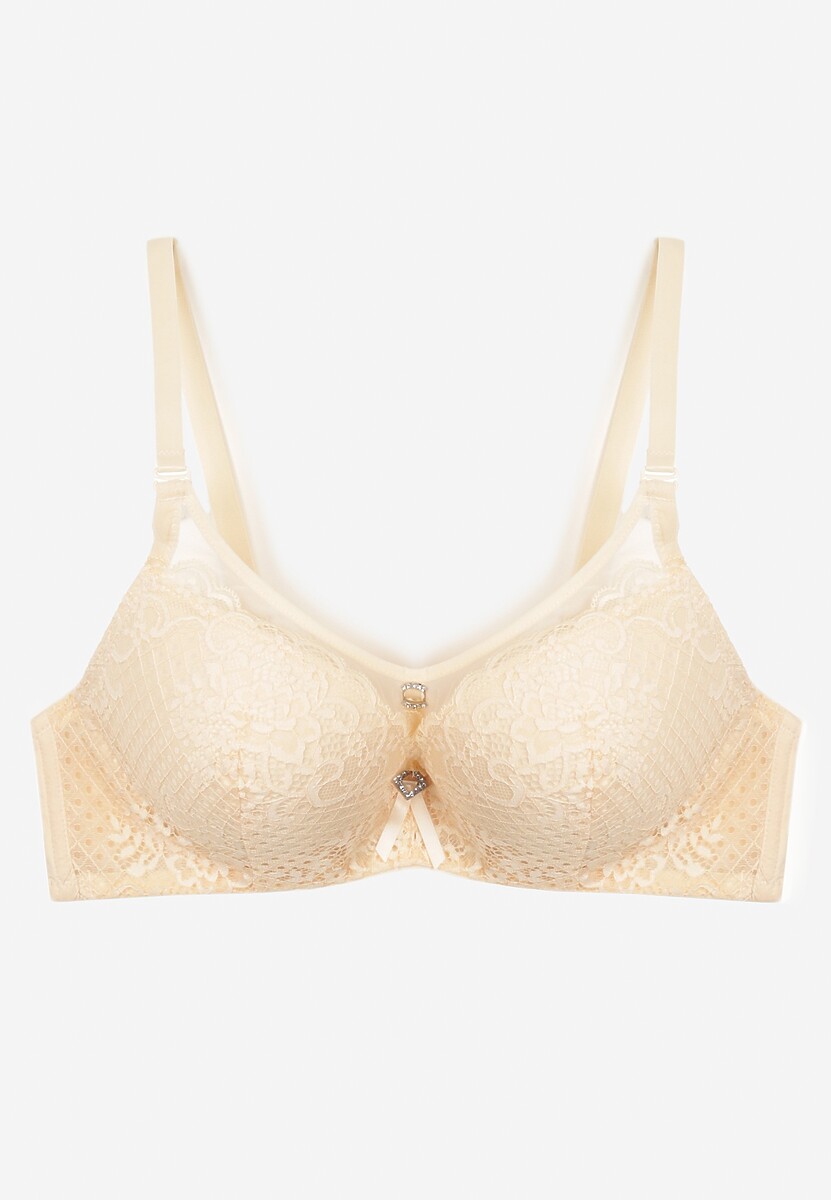 Beżowy Biustonosz Push-Up z Koronki Ozdobiony Metalową Aplikacją Arissta