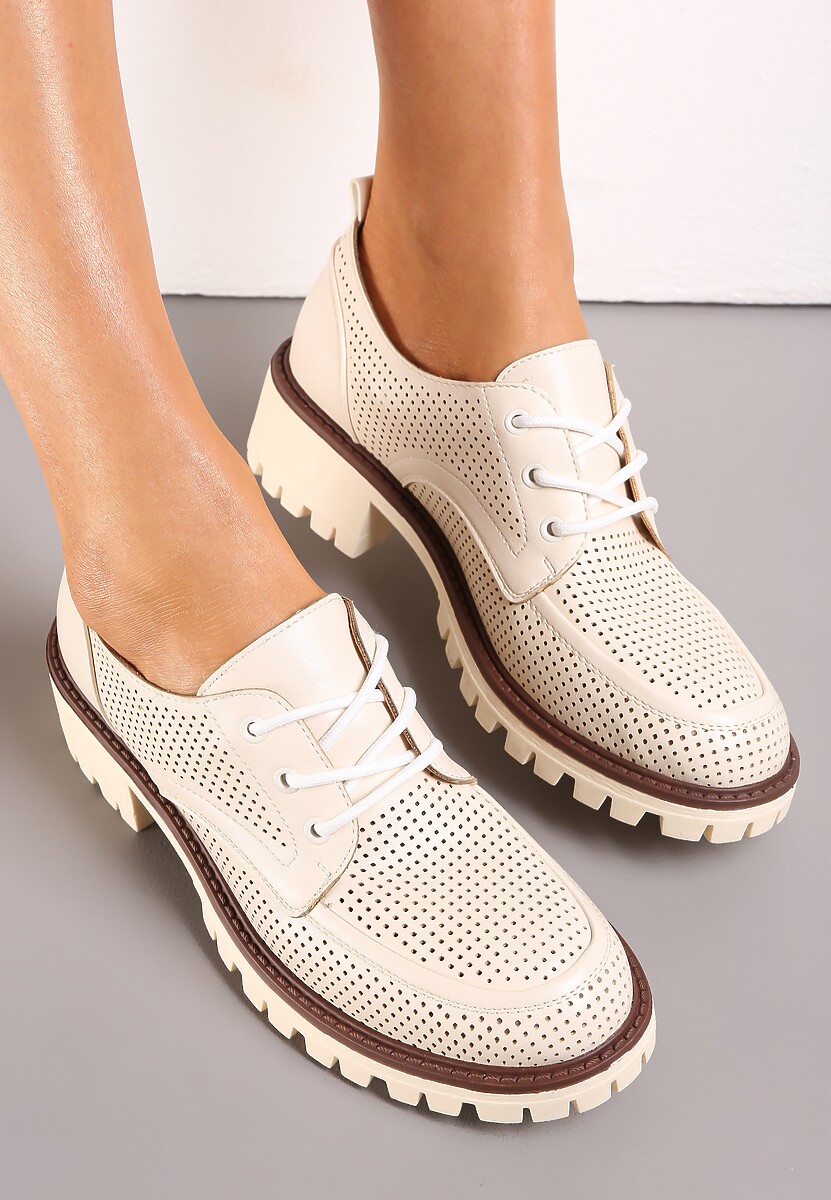 Beżowe Wiązane Półbuty z Cholewką z Perforacją i Skórzaną Wkładką Cathelyne