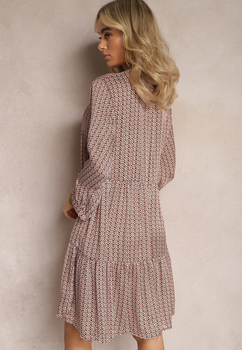 Czerwono-Beżowa Trapezowa Sukienka z Chwostami i Rozkloszowanym Dołem Bleva