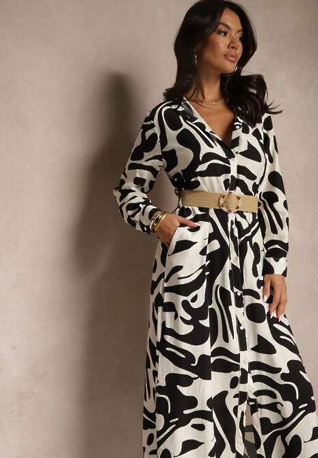 Czarna Sukienka z Wiskozą o Koszulowym Kroju z Plecionym Paskiem Faledina