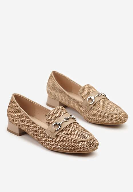 Beżowe Mokasyny z Wkładką ze Skóry Naturalnej Zdobione Plecionką i Aplikacją Falenitia