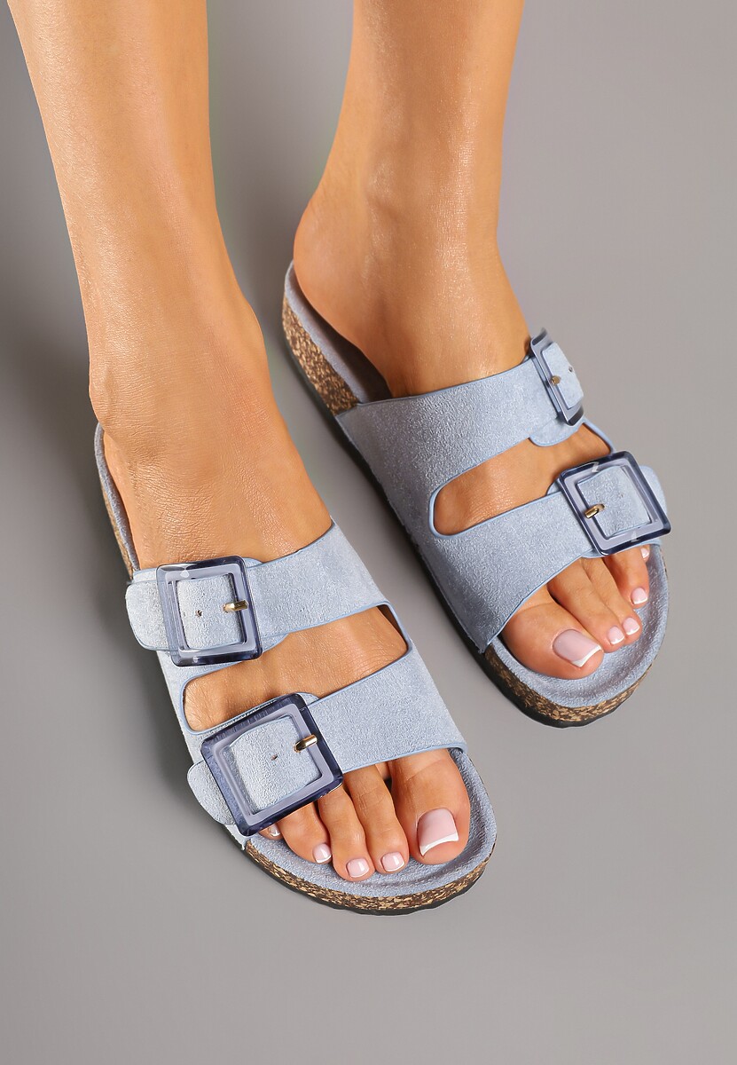 Niebieskie Klapki na Korkowej Platformie z Klamrami Teloniel