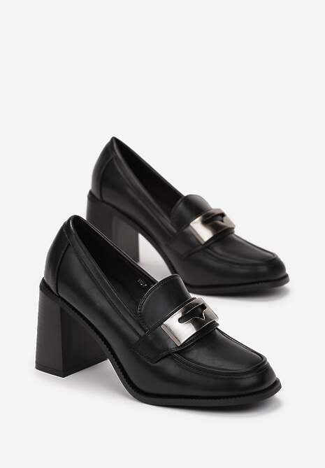 Czarne Półbuty na Słupku z Klamerką i Kwadratowym Noskiem Fenicva