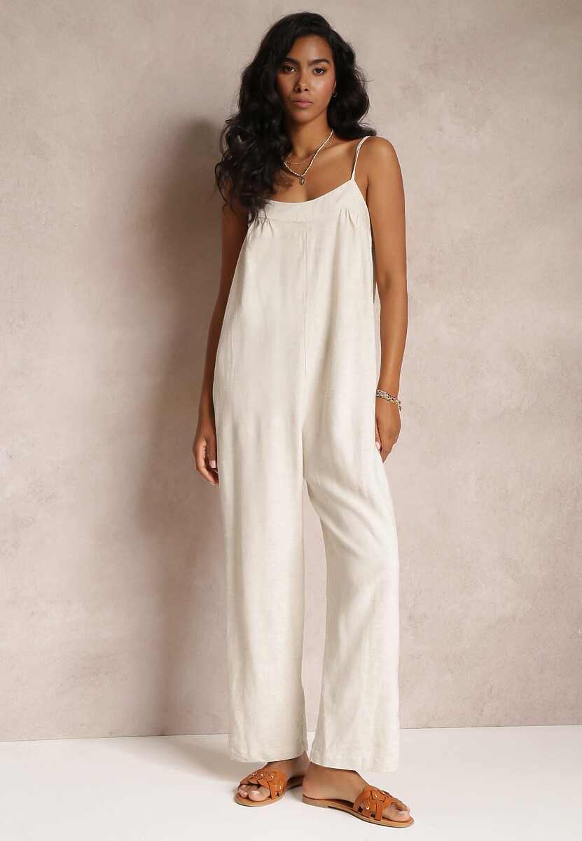 Beżowy Kombinezon na Regulowanych Ramiączkach z Długimi Nogawkami z Bawełny Myrcela