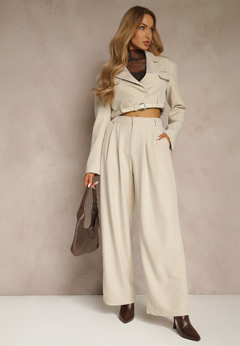 Czarny Komplet w Stylu Garniturowym Szerokie Spodnie z Paskiem i Krótka Marynarka Veritia