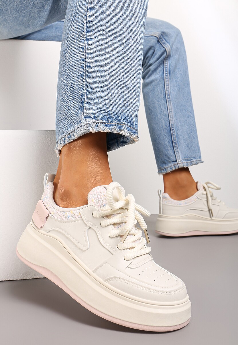 Biało-Beżowe Sneakersy na Platformie przed Kostkę z Ozdobnymi Przeszyciami Arsicada