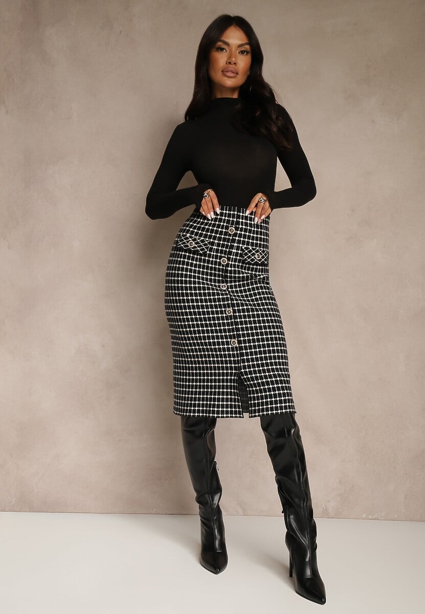 Czarno-Biała Tweedowa Spódnica Ołówkowa w Kratę z Guzikami Aretusa