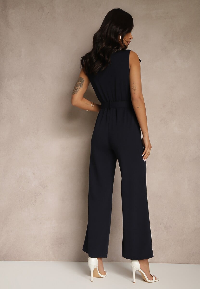 Granatowy Kombinezon z Dekoltem w Łódkę Guzikami i Paskiem Galissela