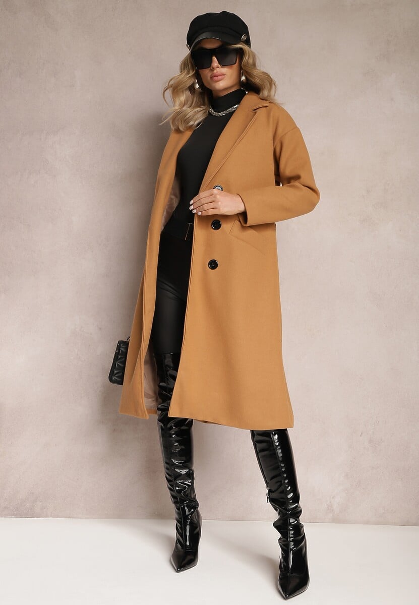 Ciemnobeżowy Płaszcz Dwurzędowy Wiązany Meollie