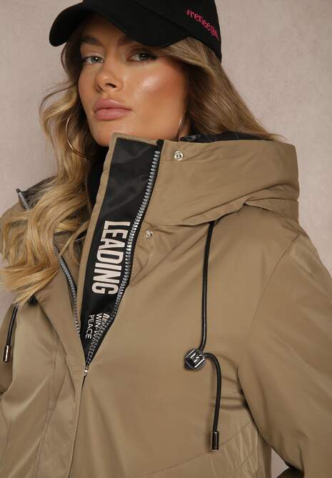 Ciemnobeżowa Kurtka Parka o Pudełkowym Kroju z Kapturem i Kieszeniami Kaionna