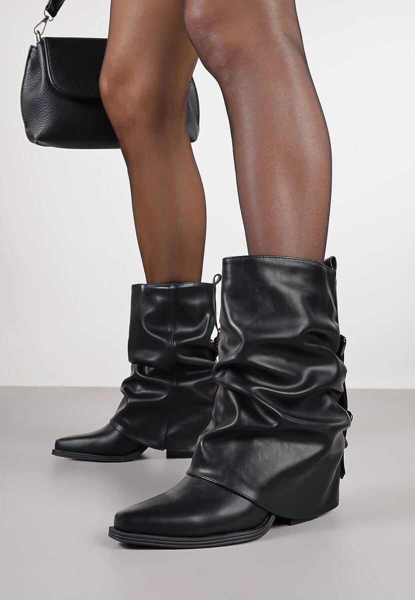 Czarne Botki Kowbojki na Stożku z Marszczoną Wywiniętą Cholewką i Klamrami Finitta