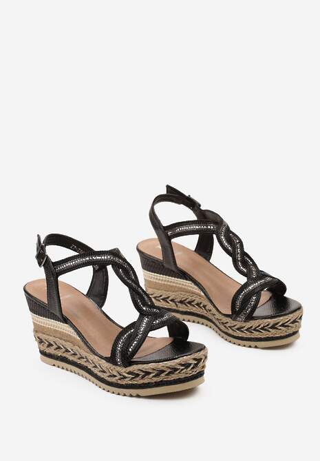 Czarne Sandały na Podeszwie i Koturnie z Plecionki Ozdobione Cyrkoniami Perallia