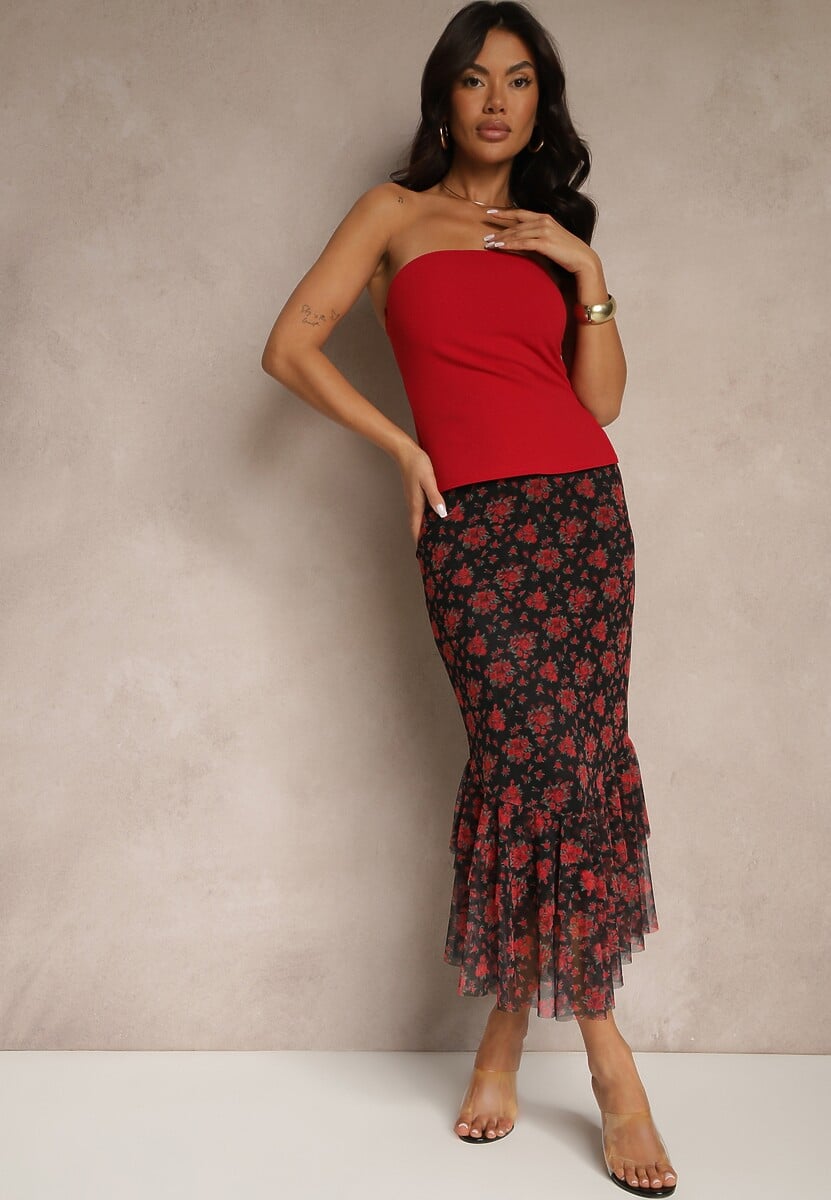 Czarno-Czerwona Dopasowana Spódnica z Ozdobną Falbaną Efravaria