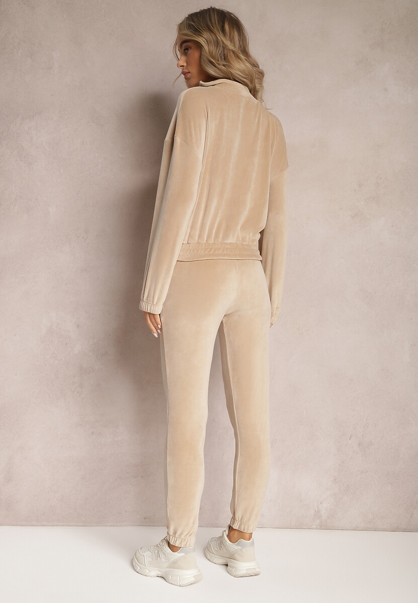 Beżowy Komplet Dresowy z Weluru ze Ściągaczami i Bluzą z Kapturem Rerafina